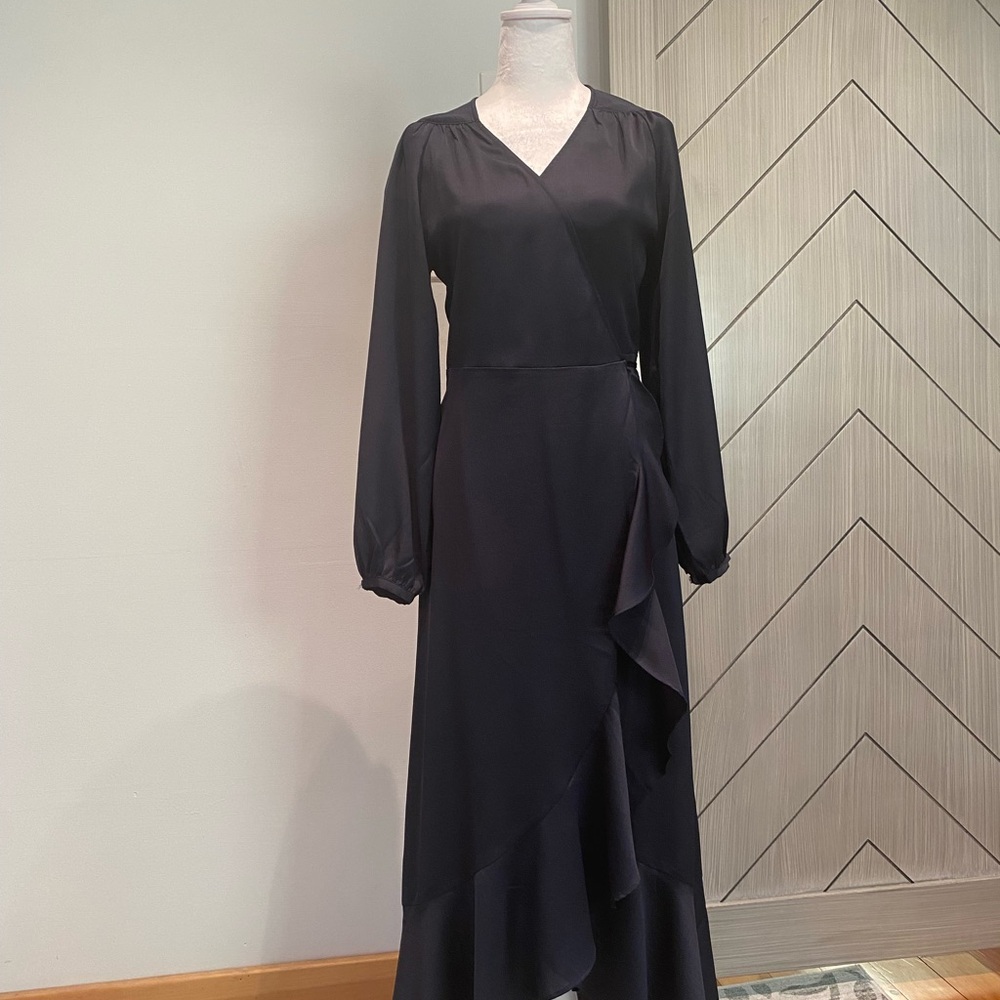 Soaked in Luxury Navy Long Sleeve Wrap Dress (Small)